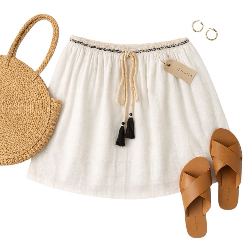 Moon River Anthropologie OFF White Textured Mini Skirt M NWT Tassel Fringe Boho